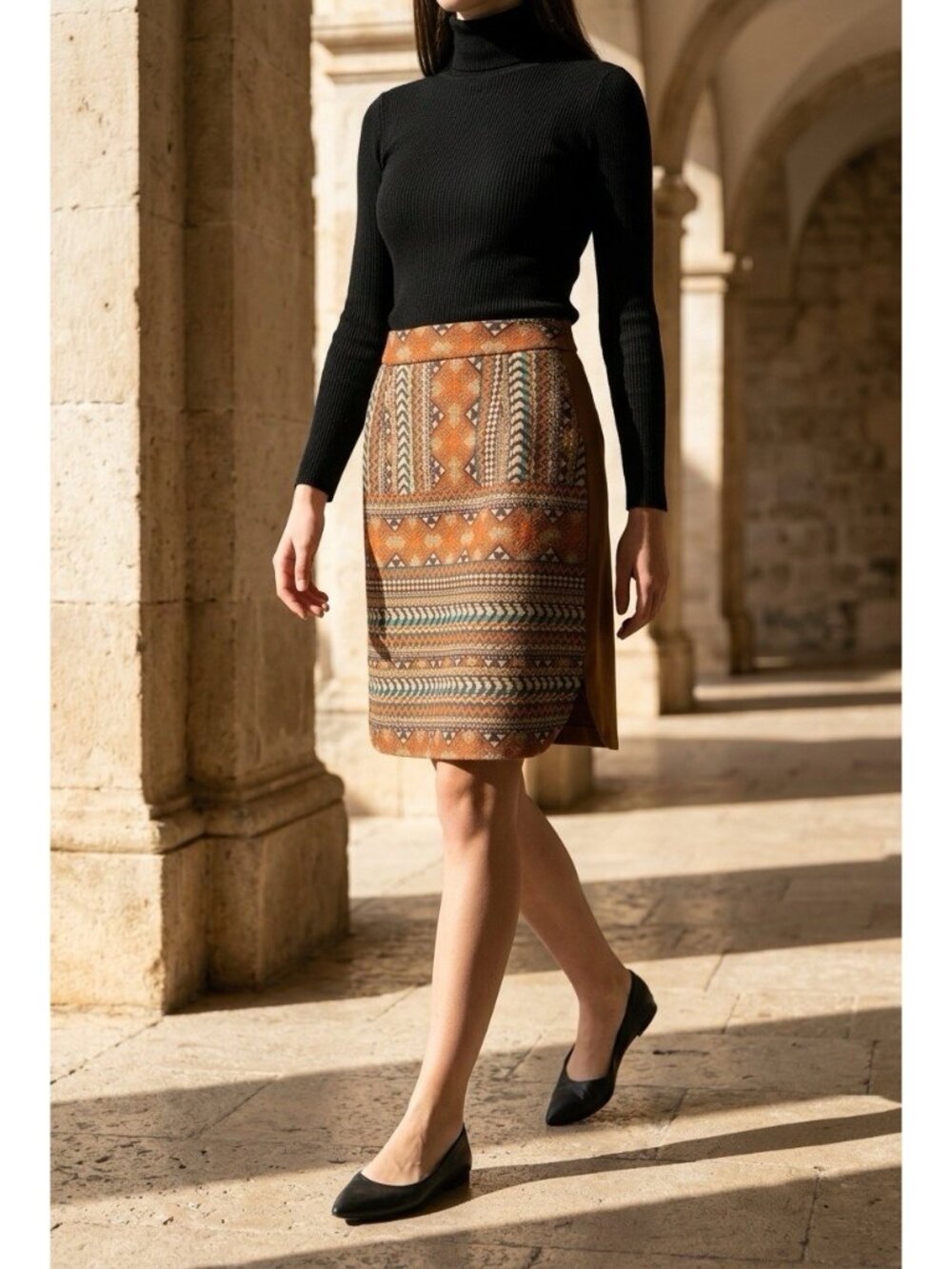 Grifflin‎ Paris Tribal Boho Brown Suede A-Line Stretch Skirt